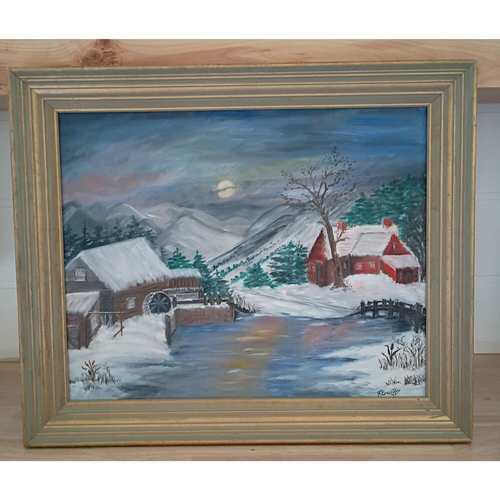 23.5x19.5 Vintage Oil Painting Wood Frame M Brewster 1977 Winter Barn Farmhouse